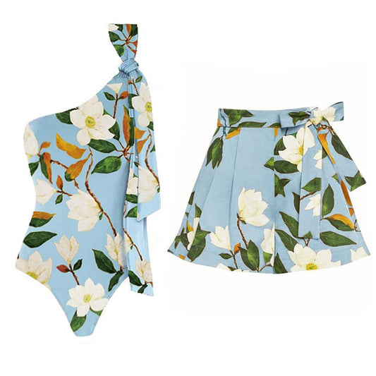 Blue One-Shoulder Floral Swimwear Set