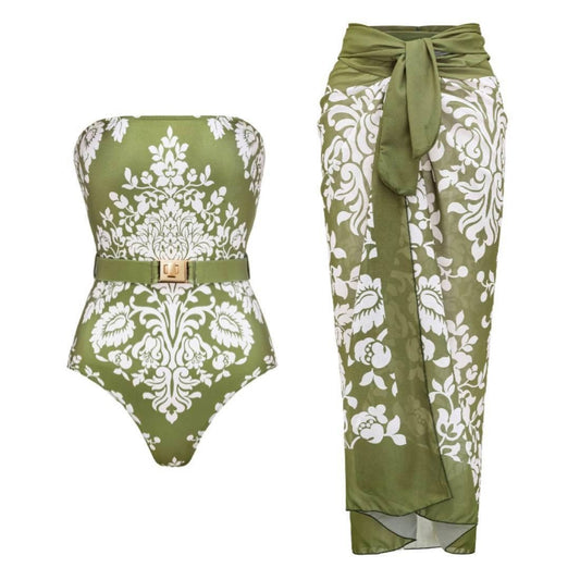 Abstract Green Monokini and Sarong Set