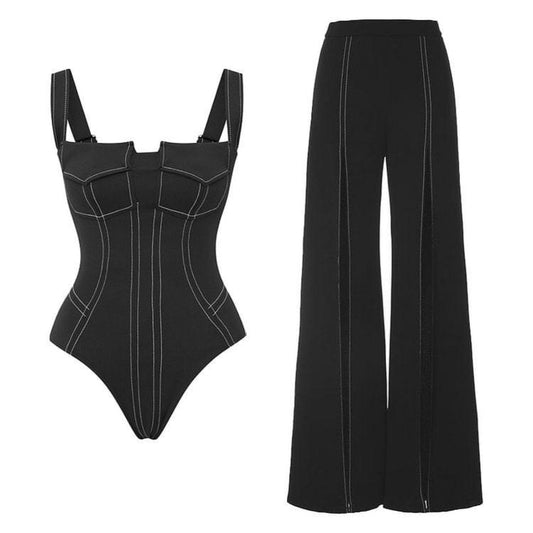 Black Denim Look Monokini and Pants Set