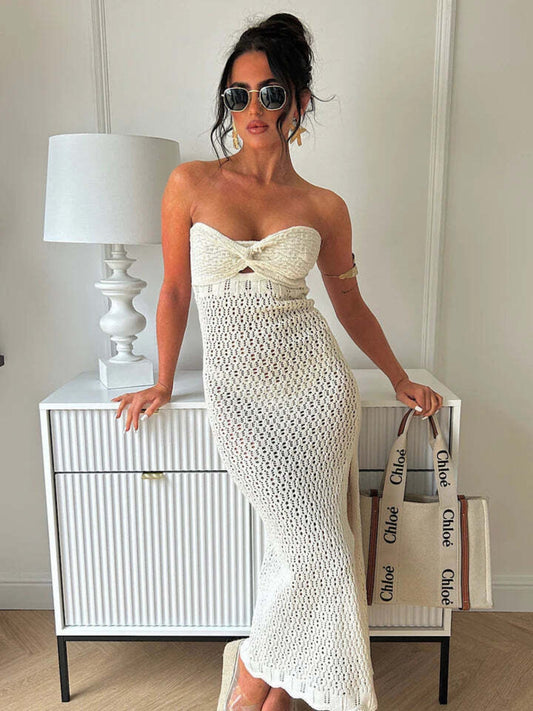 White Bow Crochet Dress