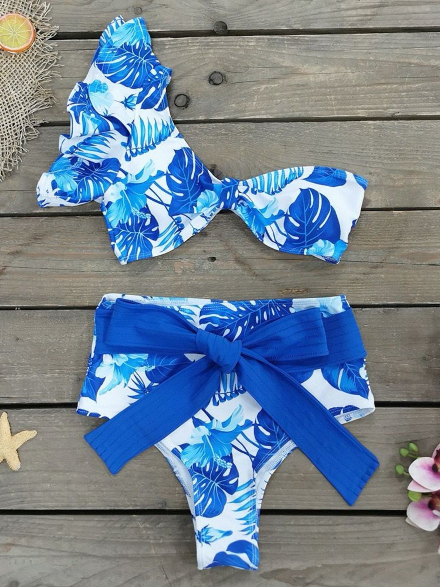 Blue One-Shoulder Ruflled Bikini Set