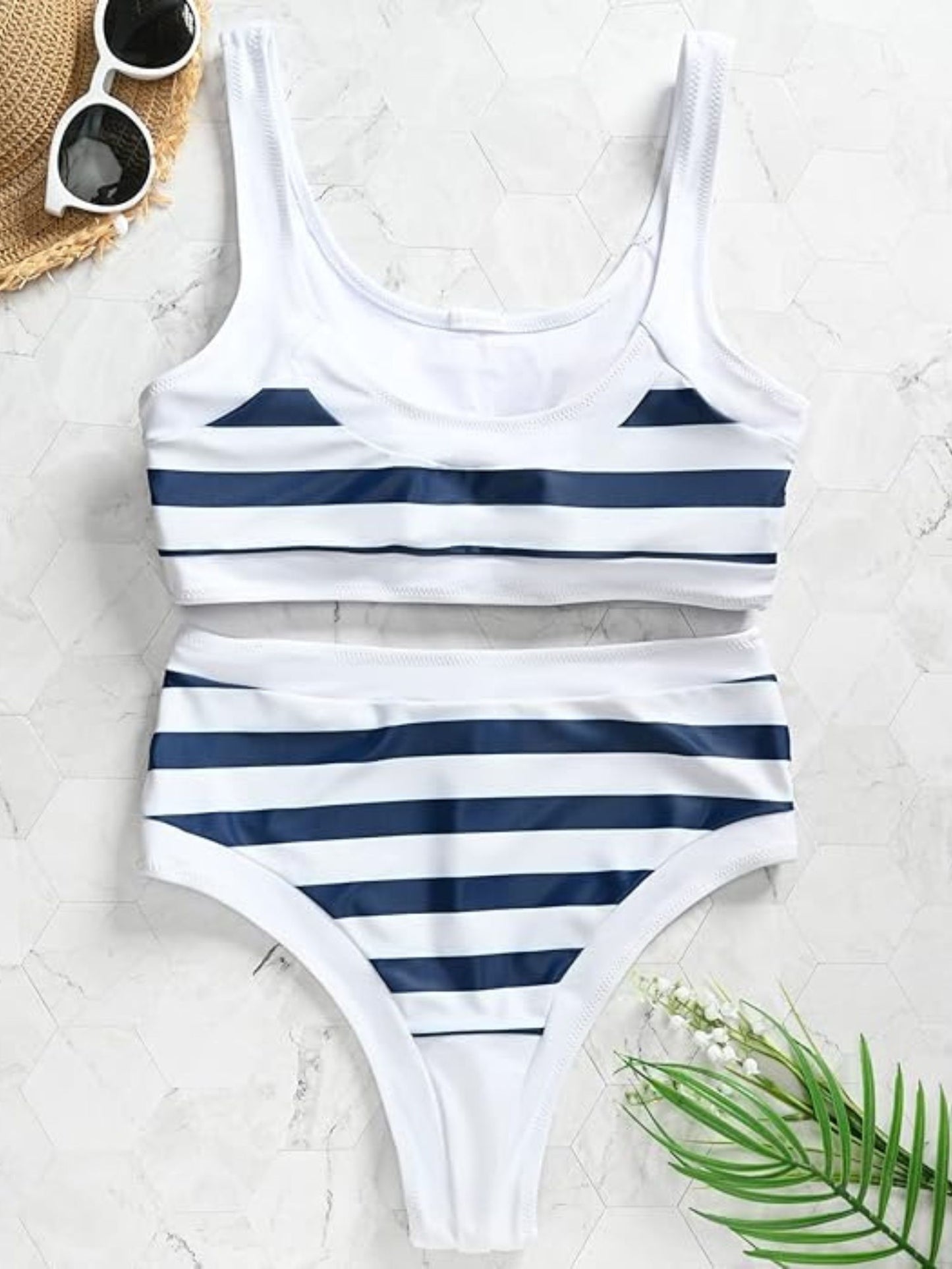 Stripped Blue Swimwear With Buttons