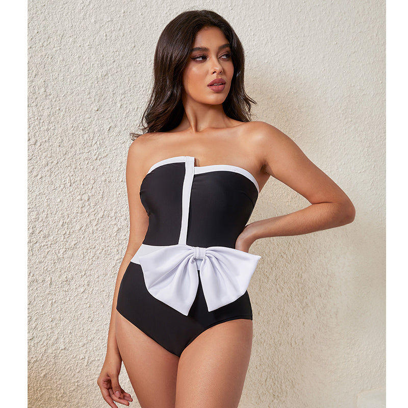 Black Strapless Bow Swimwear Set