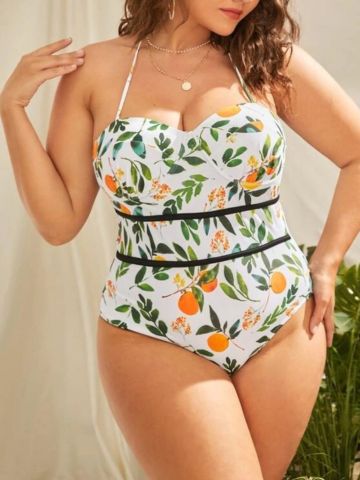 Plus Size-Tropical Print One Piece Swimsuit