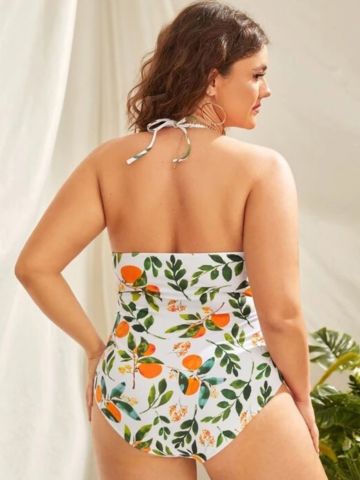 Plus Size-Tropical Print One Piece Swimsuit