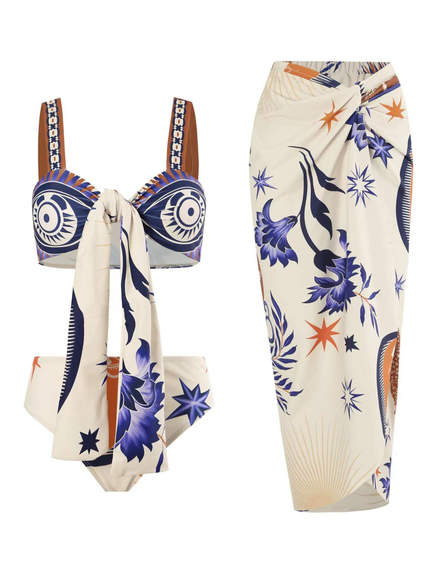 Elegant White Ancient Print Swimwear