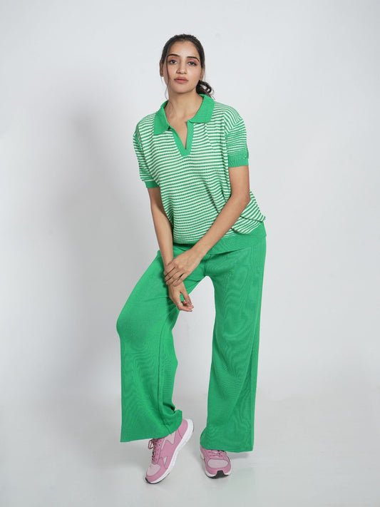 Green Striped Collar Loungewear Set