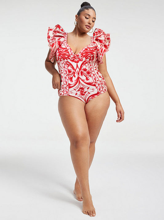 Red Printed One Piece Swimsuit