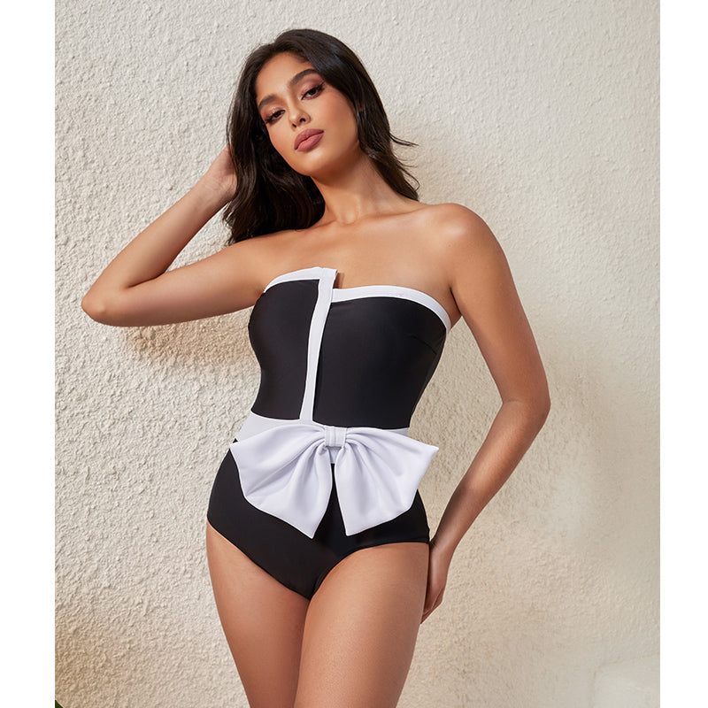 Black Strapless Bow Swimwear Set