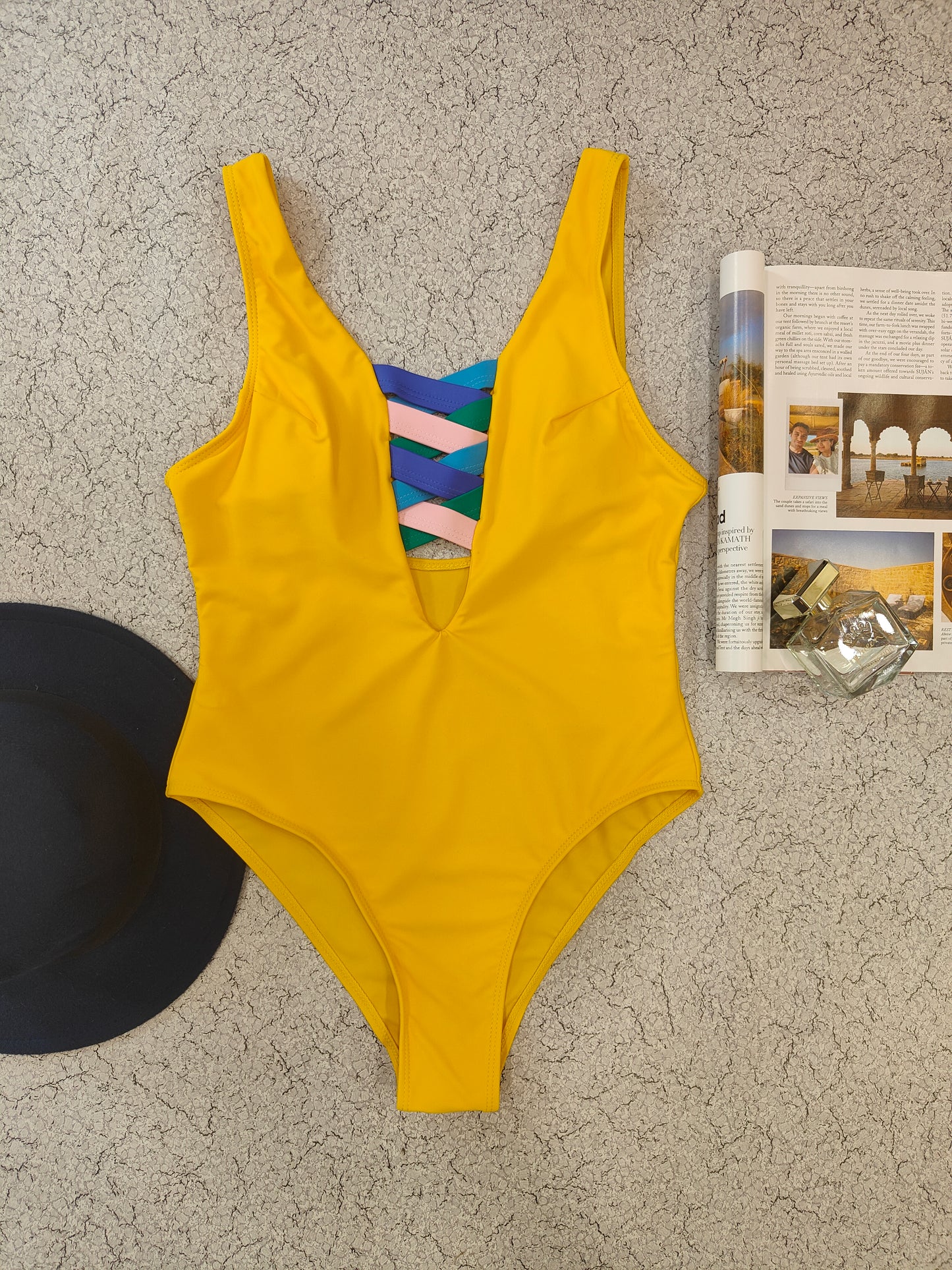 Yellow Abstract Criss-Cross Swimwear