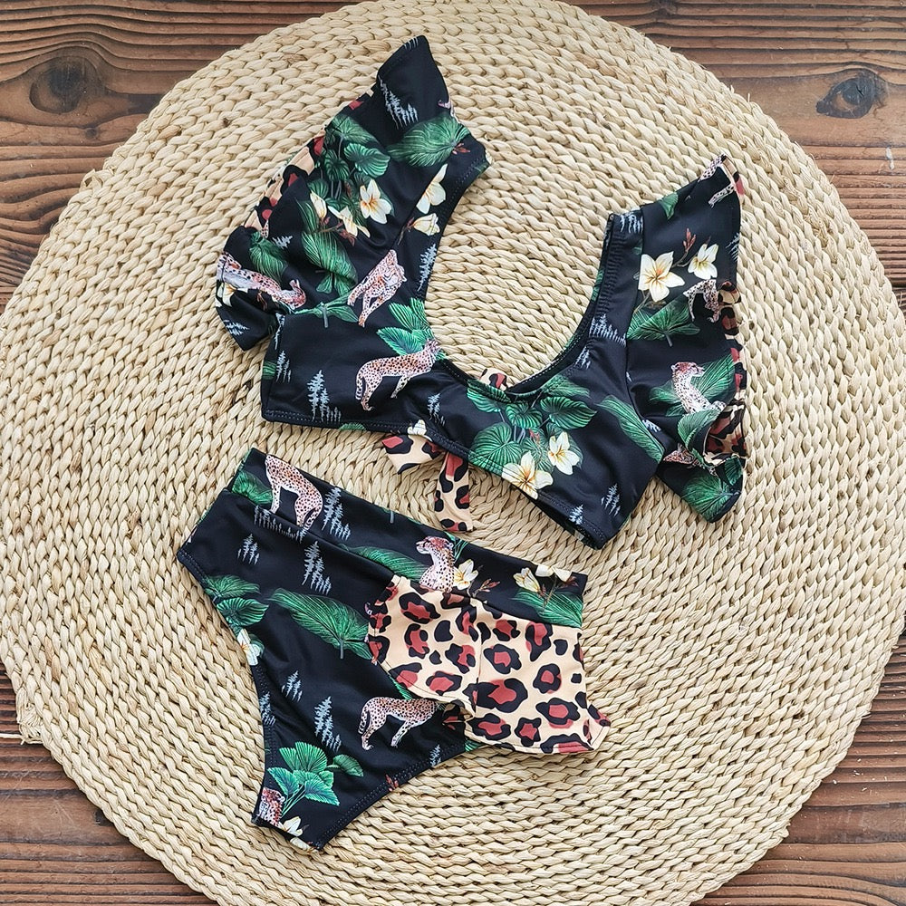 Leopard Floral Ruffled Swimwear