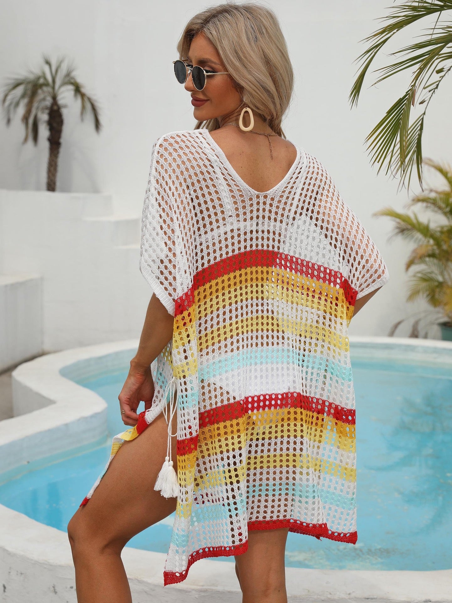 Knitted Striped Mesh Cover Up Dress