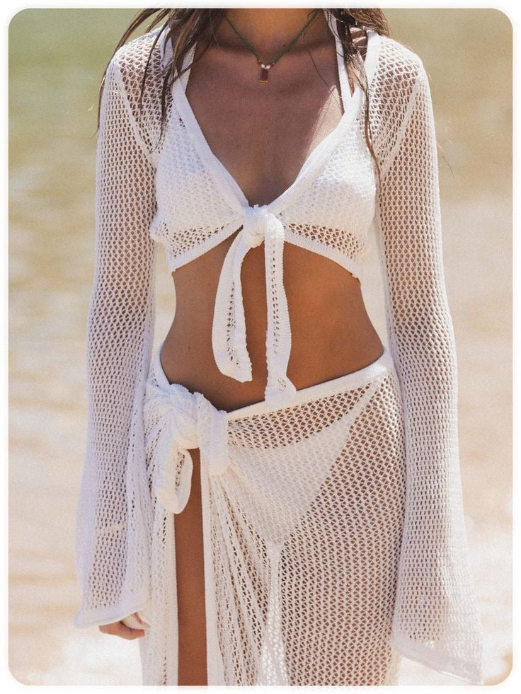 White Boho Crochet Sarong Set