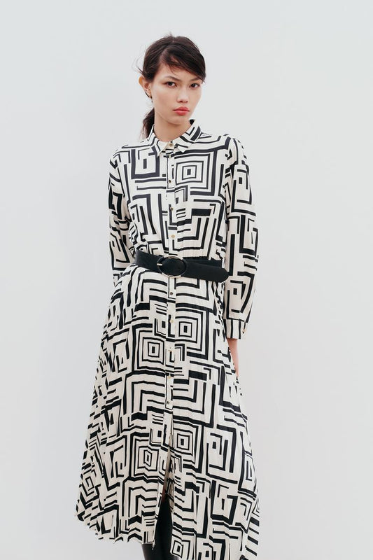 Abstract Black Belted Dress