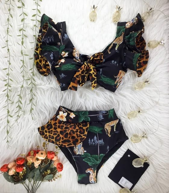 Leopard Floral Ruffled Swimwear