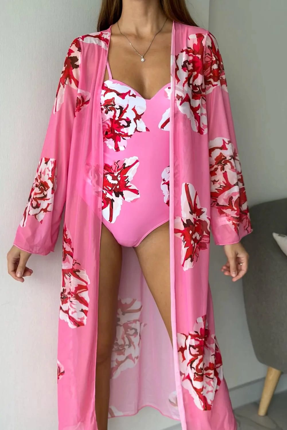 Floral Pink Monokini with Shrug