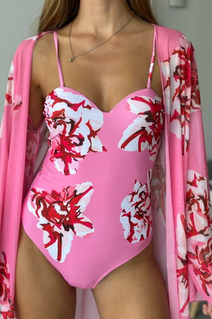 Floral Pink Monokini with Shrug