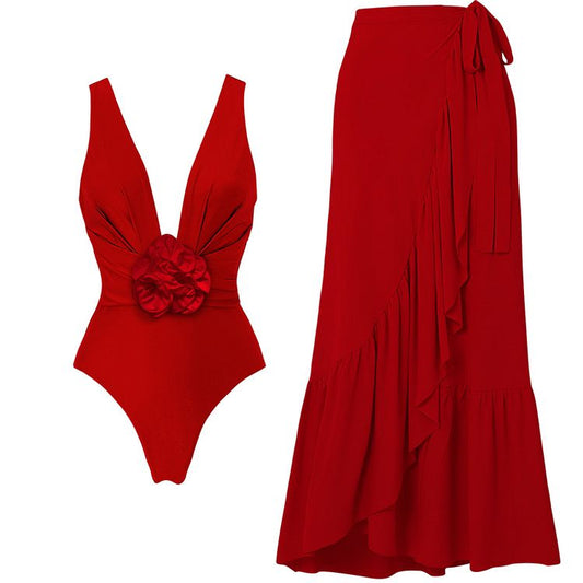 Deep V-Neck Red Swimwear