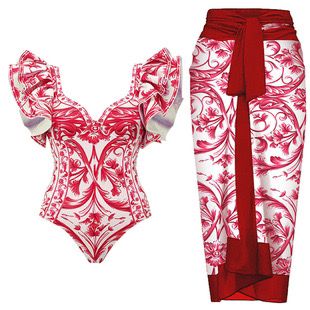 Red Printed One Piece Swimsuit