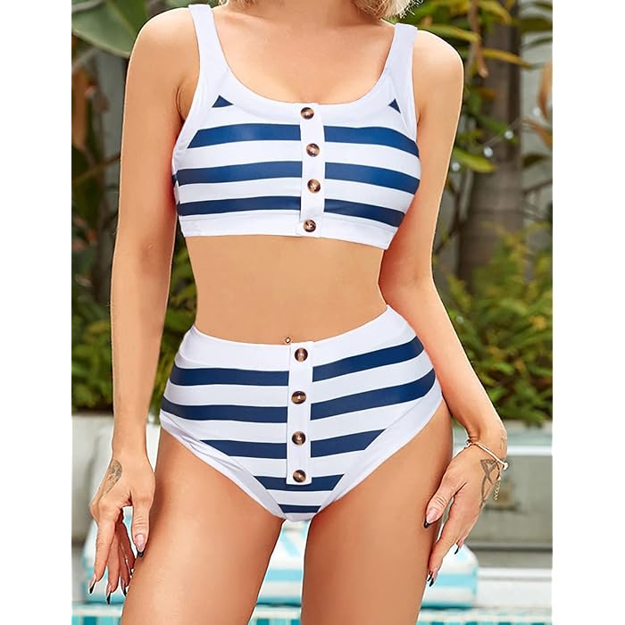 Stripped Blue Swimwear With Buttons