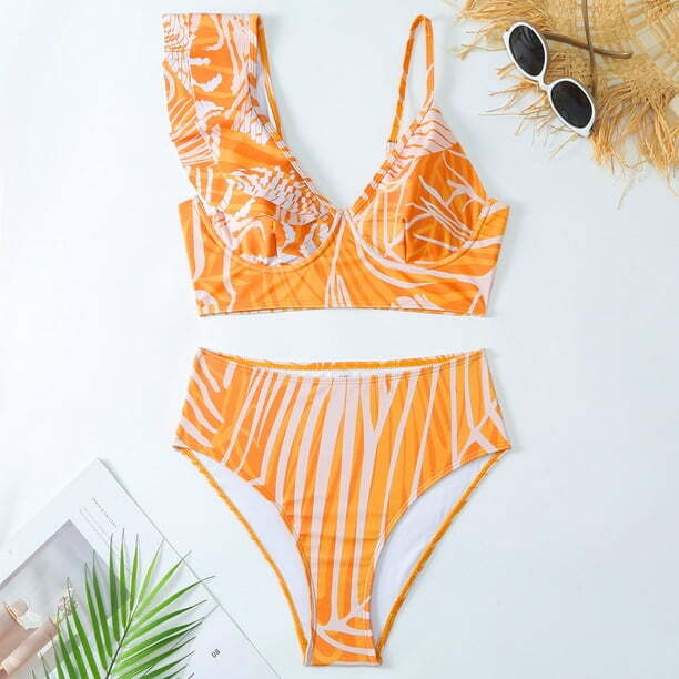 Ruffle Orange V-Neck Swimwear