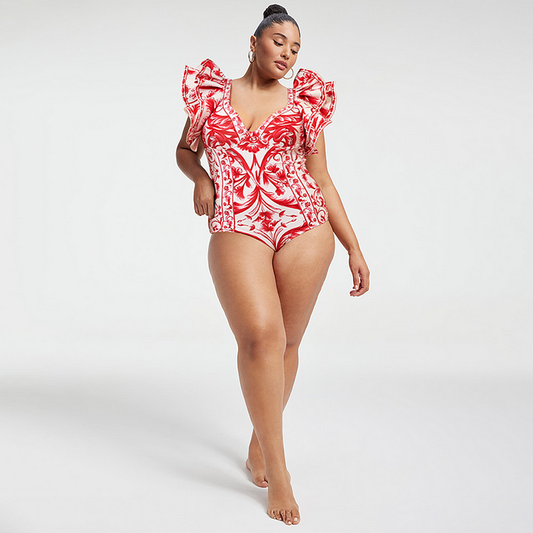 Red Printed One Piece Swimsuit