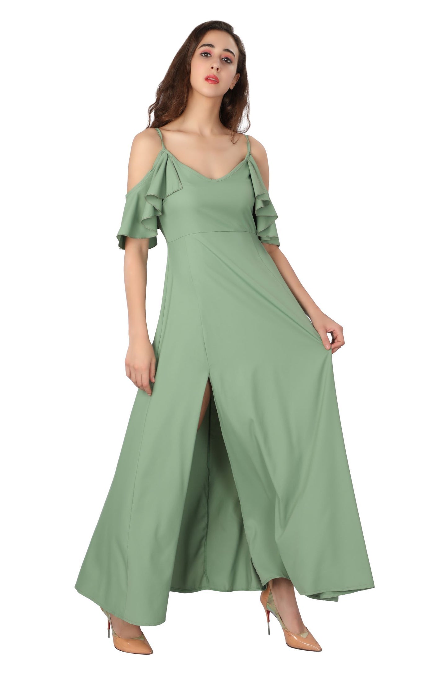 Frill Cold Shoulder Maxi - Addery.co.in