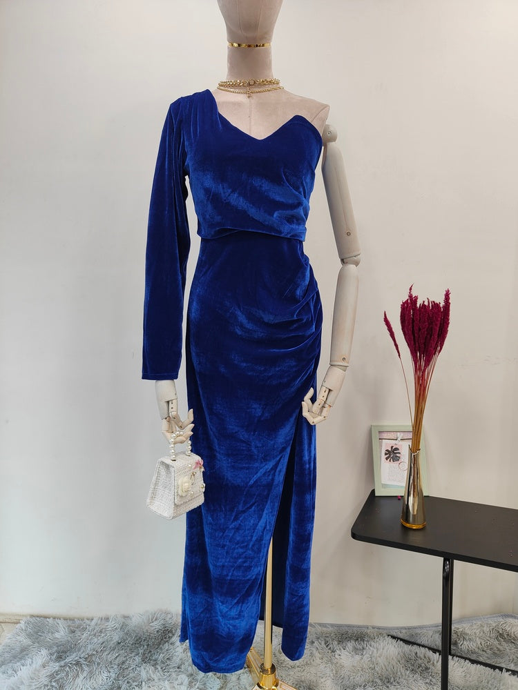 Long Sleeve Off Shoulder Maxi Velvet Dress Blue - Luxe Velvet Dresses and  Luxe Party Dresses